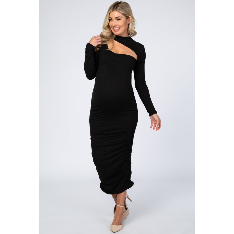 Black Fitted Ruched Cutout Neckline Maternity Midi Dress