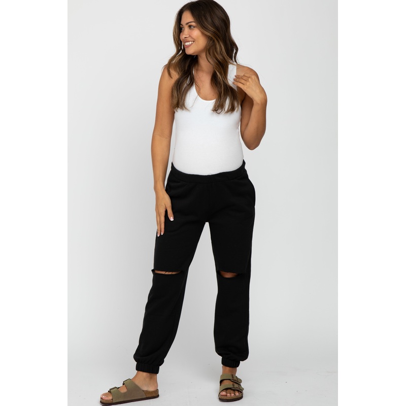 Black Ripped Knee Maternity Sweatpants