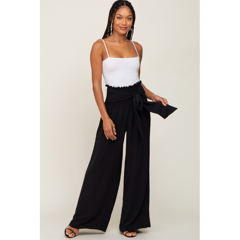Black Smocked Front Tie Pants