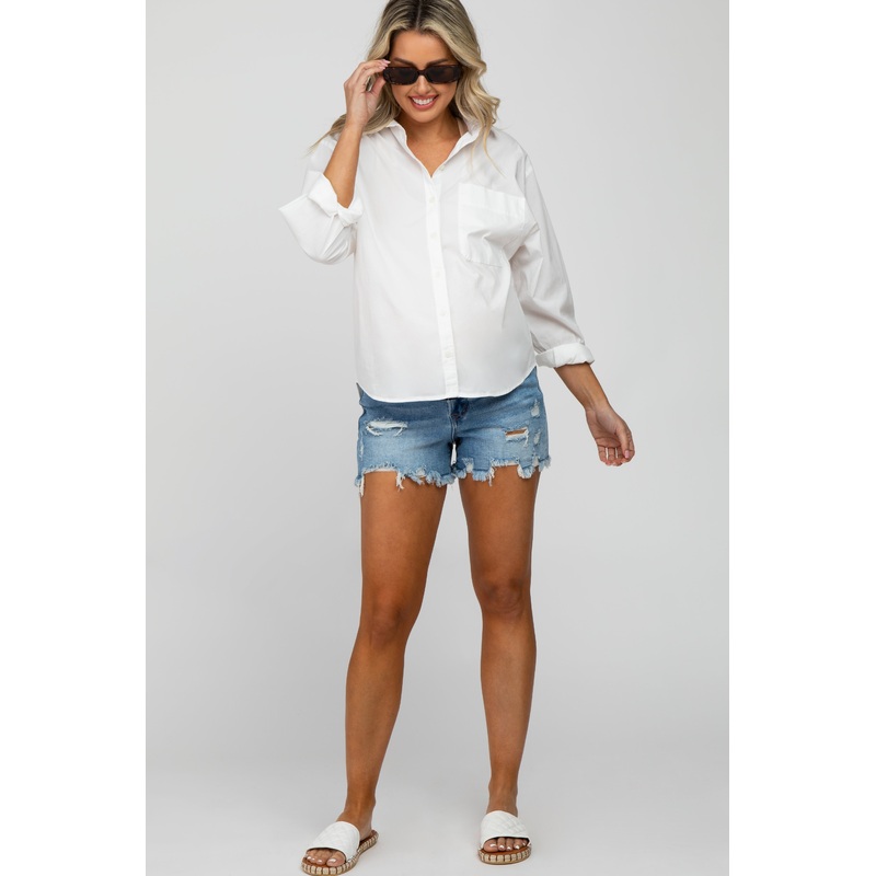 Blue Distressed Frayed Maternity Jean Shorts
