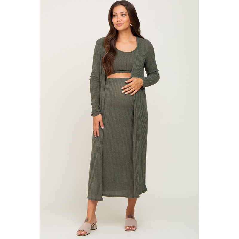 Green 3-Piece Skirt and Cardigan Maternity Set