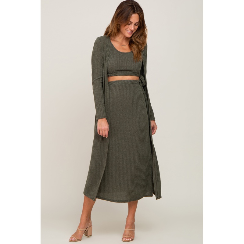 Green 3-Piece Skirt and Cardigan Set