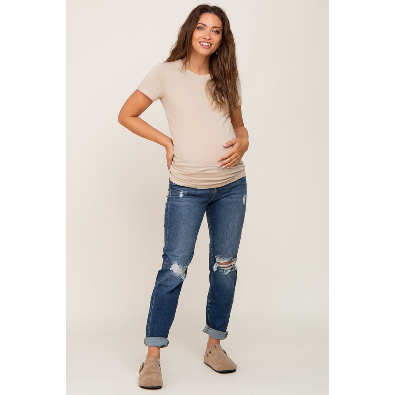 Navy Blue Distressed Open Knee Maternity Cuffed Jeans