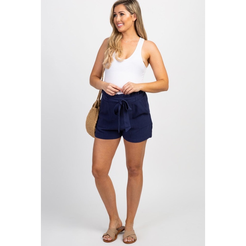 Navy Solid Tie Waist Maternity Shorts