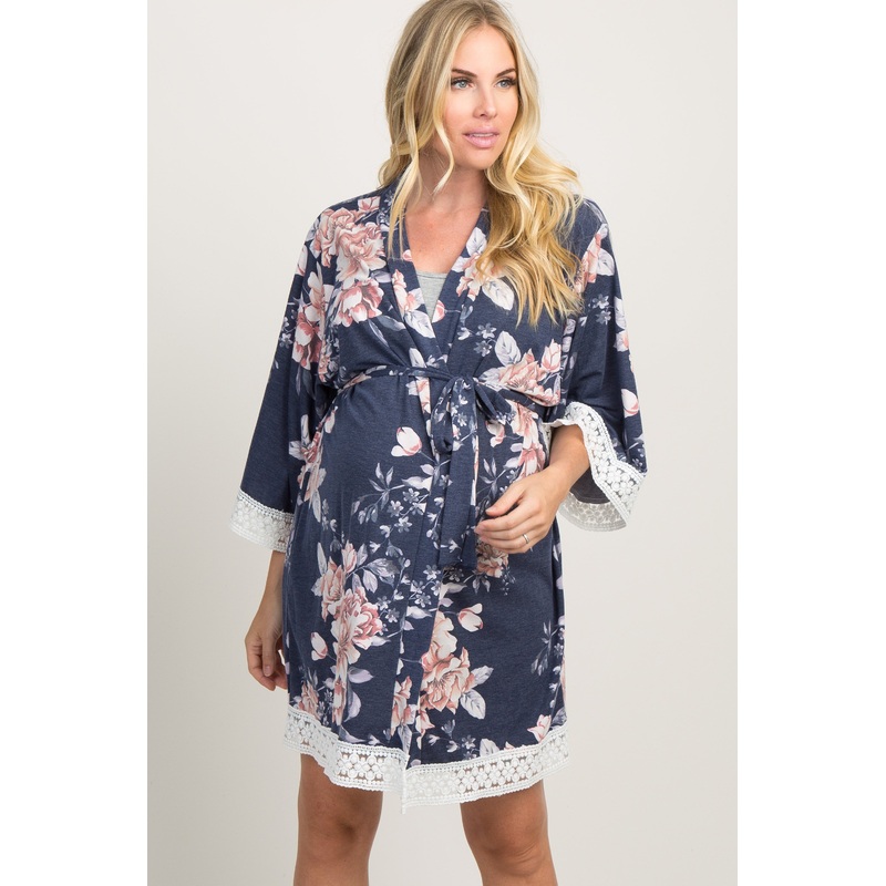 PinkBlush Navy Faded Floral Lace Trim Maternity Delivery/Nursing Robe