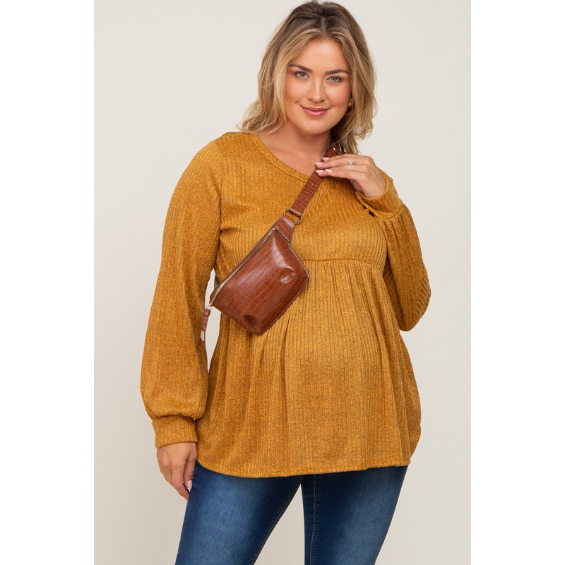 Yellow Knit Ribbed Babydoll Maternity Plus Top