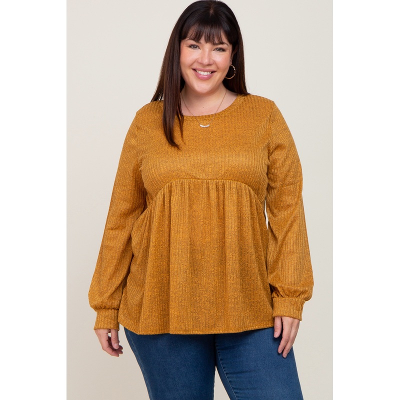 Yellow Knit Ribbed Babydoll Plus Top
