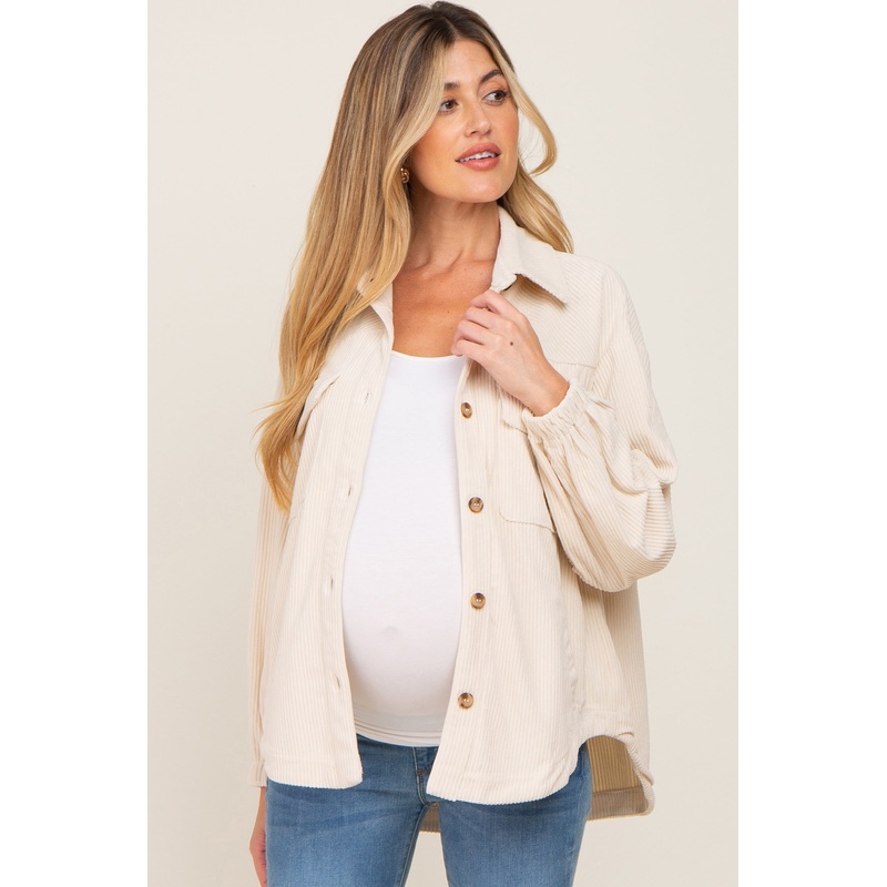 Beige Corduroy Front Pocket Maternity Shacket