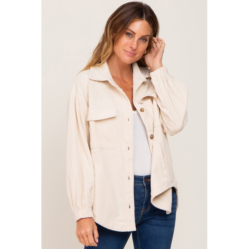 Beige Corduroy Front Pocket Shacket