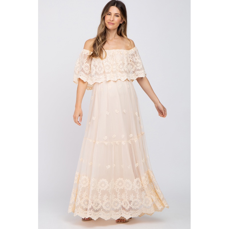 Beige Overlay Off Shoulder Maternity Maxi Dress