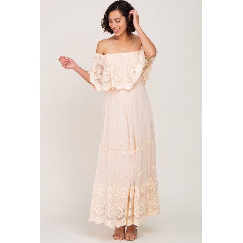 Beige Overlay Off Shoulder Maxi Dress