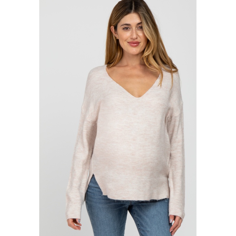 Beige Soft Knit V-Neck Maternity Sweater