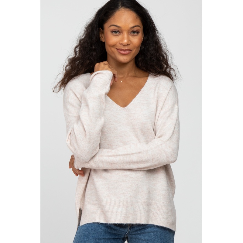 Beige Soft Knit V-Neck Sweater