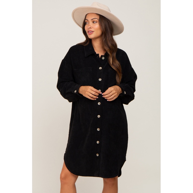 Black Corduroy Button Down Maternity Dress