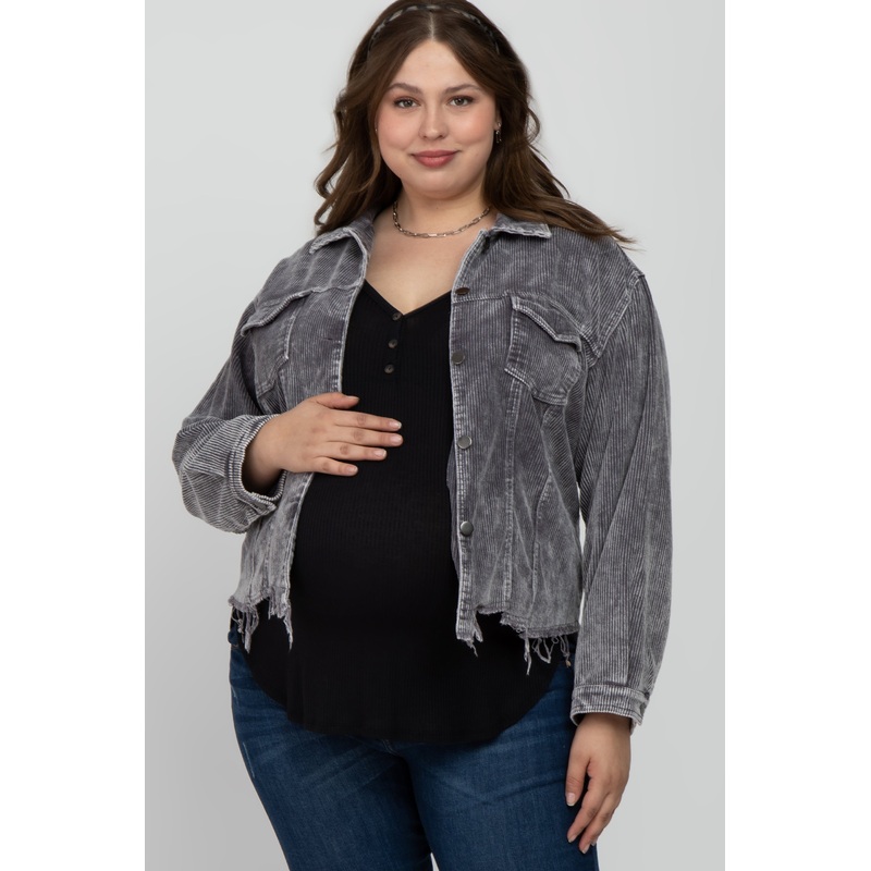 Charcoal Corduroy Distressed Hem Cropped Maternity Plus Jacket