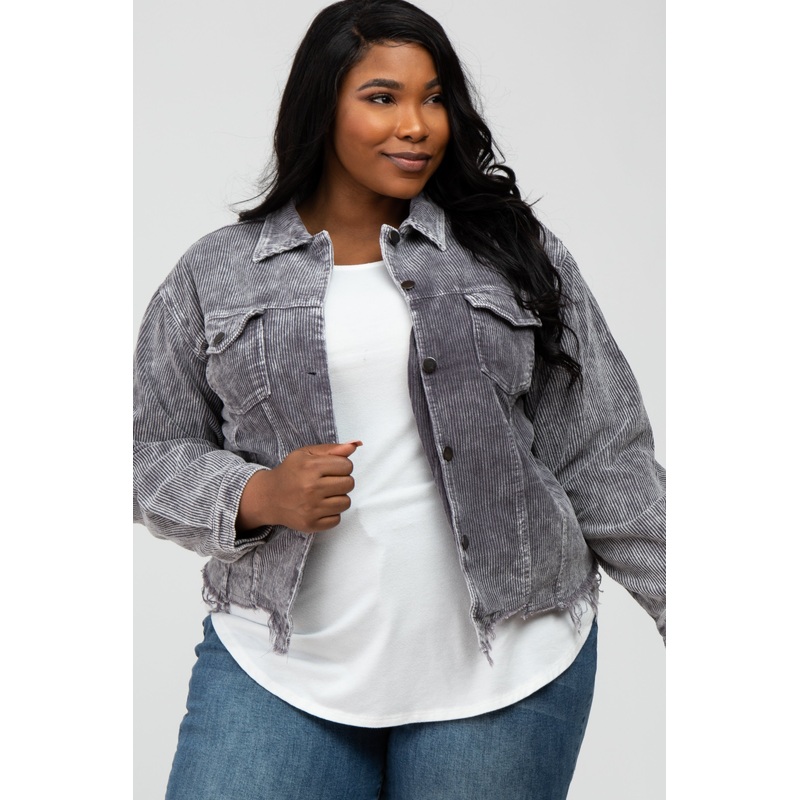 Charcoal Corduroy Distressed Hem Cropped Plus Jacket