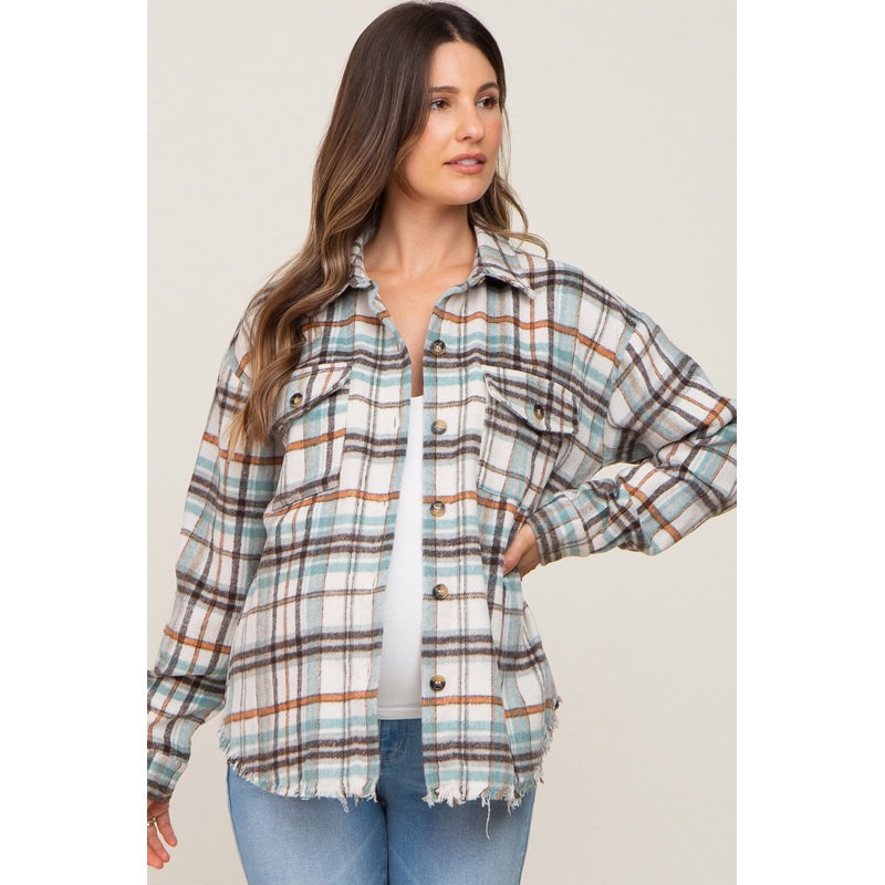 Ivory Plaid Front Pocket Maternity Shirt Jacket