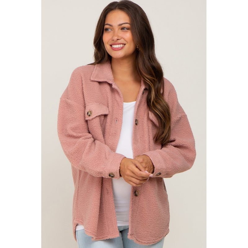 Mauve Fleece Maternity Shirt Jacket