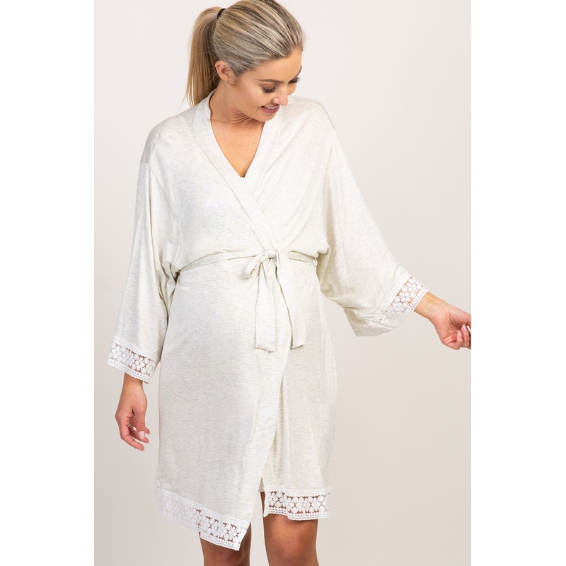 PinkBlush Beige Crochet Trim Maternity Delivery/Nursing Robe