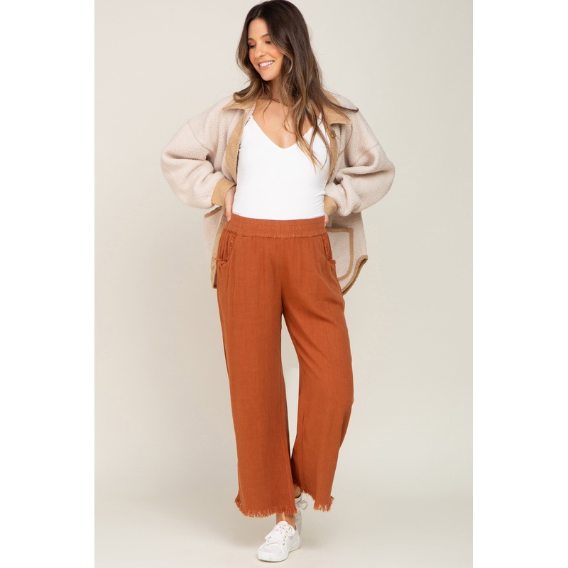 Rust Linen Frayed Hem Crop Maternity Pants