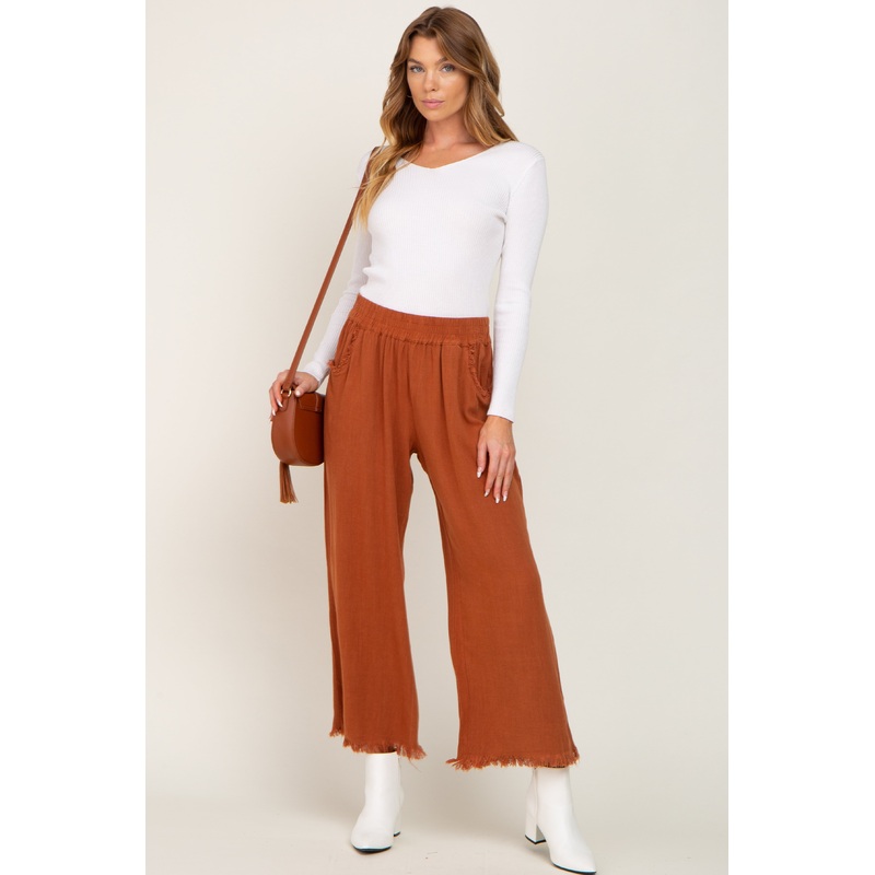 Rust Linen Frayed Hem Crop Pants
