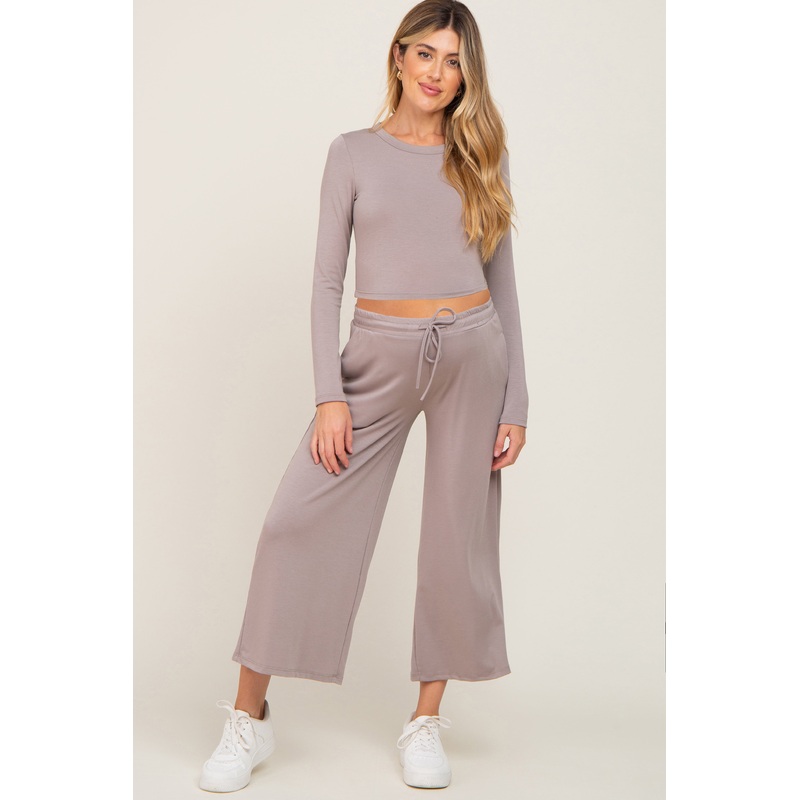 Taupe Cropped Long Sleeve Maternity Lounge Set