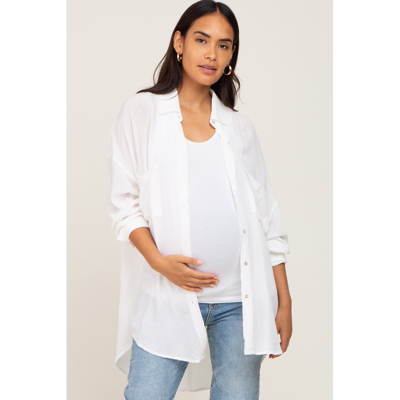 White Lightweight Front Pocket Button Up Maternity Top