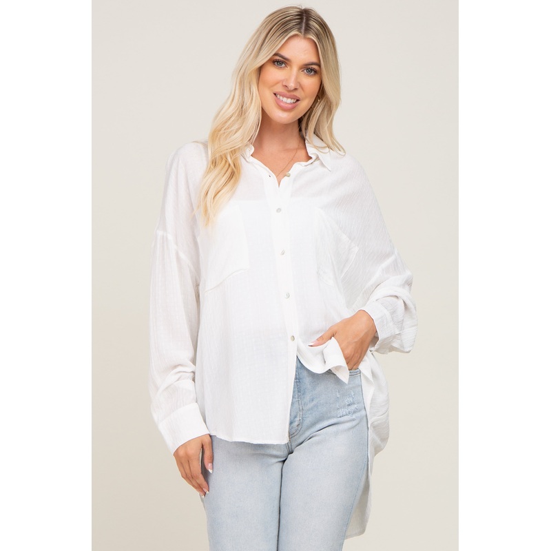 White Lighweight Front Pocket Button Up Top