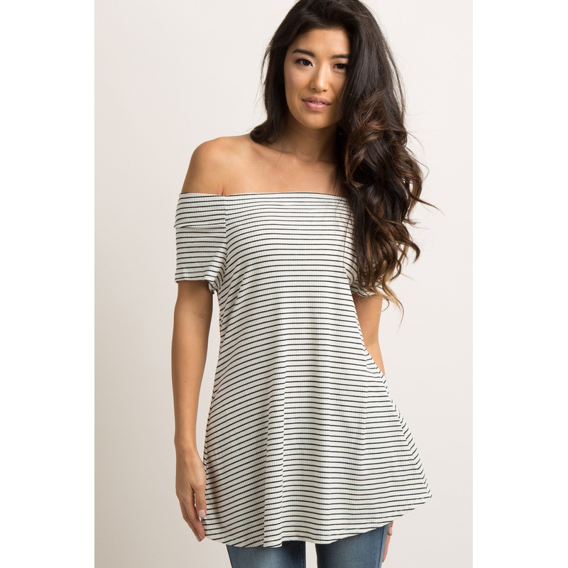 White Striped Ribbed Off Shoulder Top