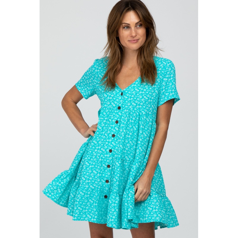Aqua Floral Button Front Tiered Dress
