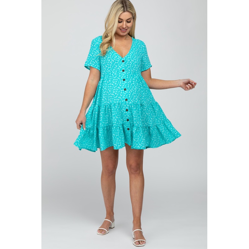 Aqua Floral Button Front Tiered Maternity Dress