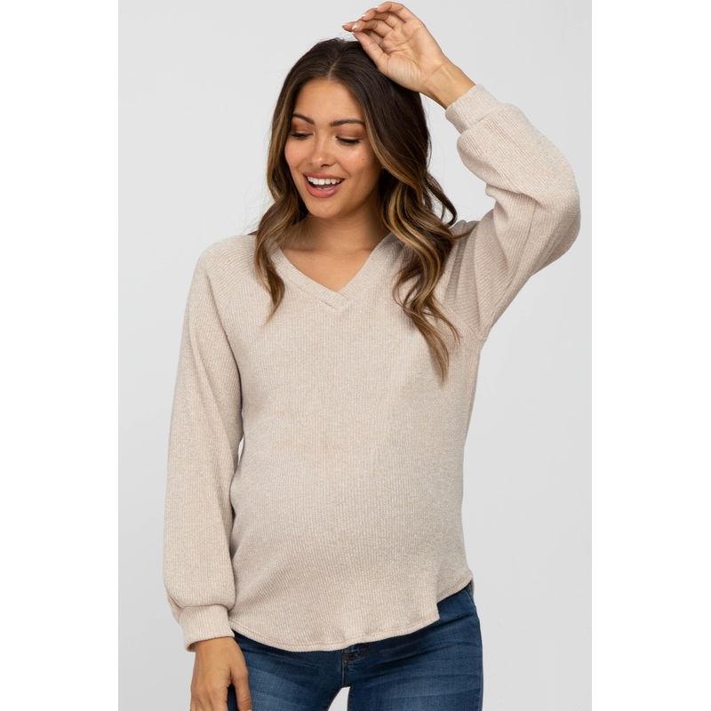 Beige Marled V-Neck Long Sleeve Maternity Top