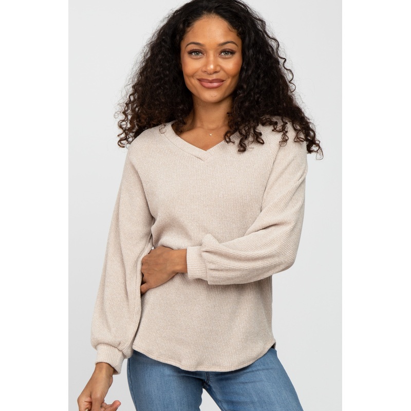 Beige Marled V-Neck Long Sleeve Top