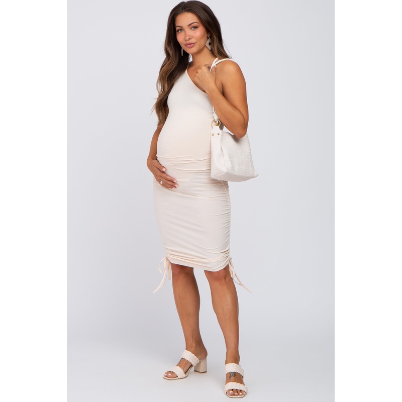 Beige Ribbed One Shoulder Fitted Maternity Dress