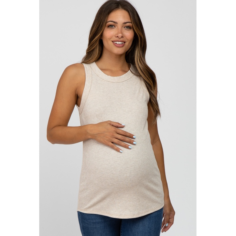 Beige Ribbed Sleeveless Maternity Top