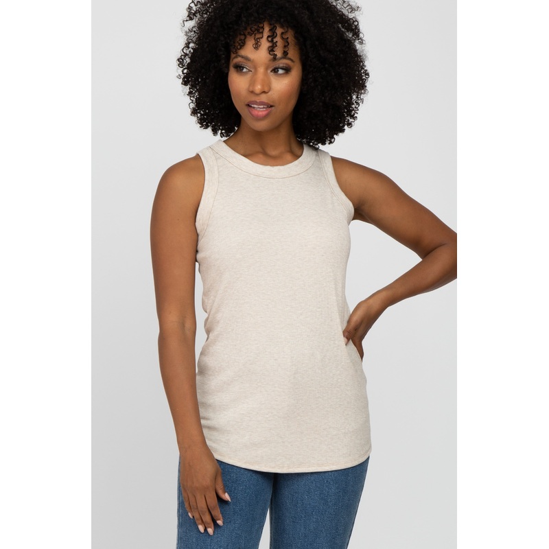 Beige Ribbed Sleeveless Top