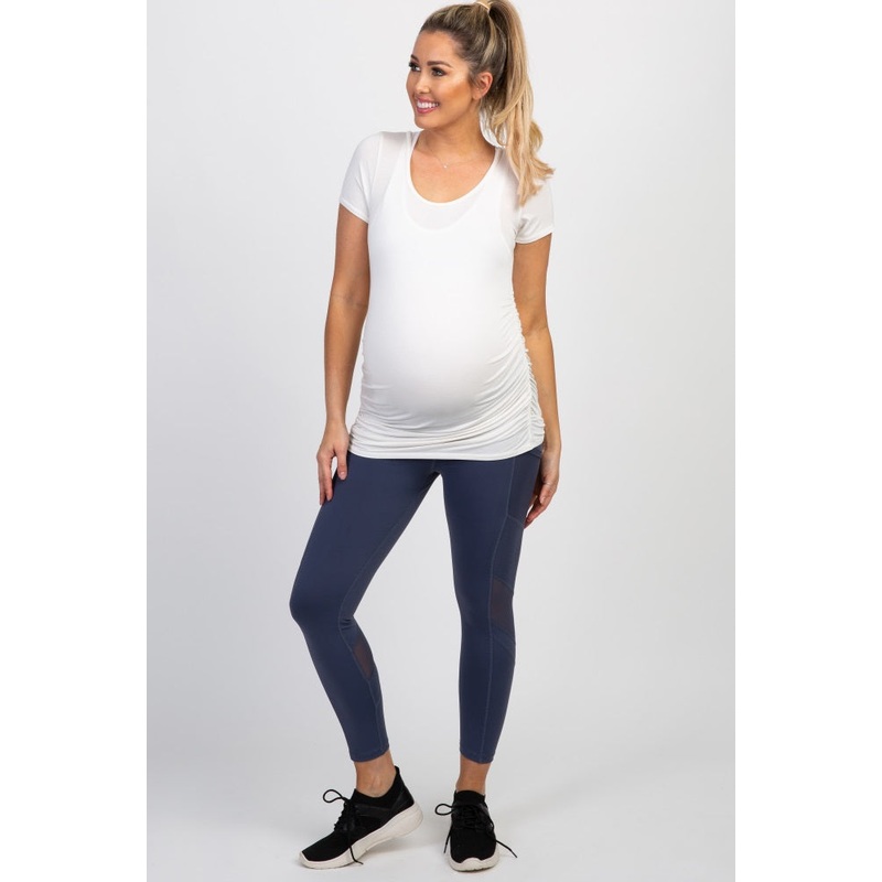 Blue Mesh Pocket Panel Active Maternity Leggings