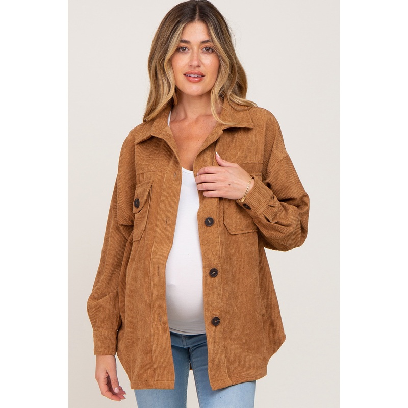 Camel Corduroy Maternity Shirt Jacket