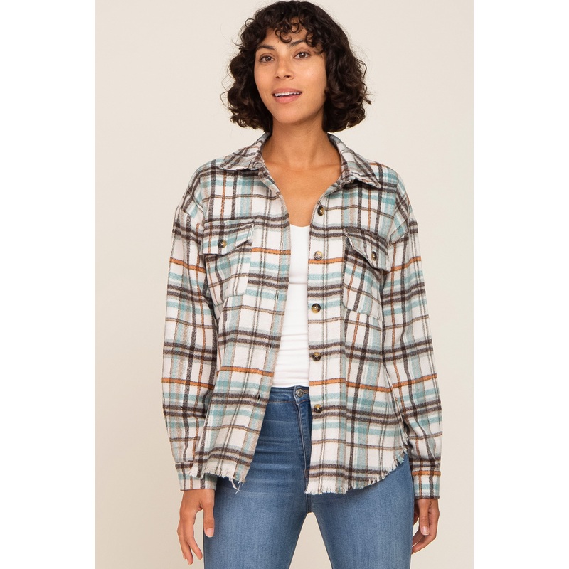 Ivory Plaid Front Pocket Shirt Jacket