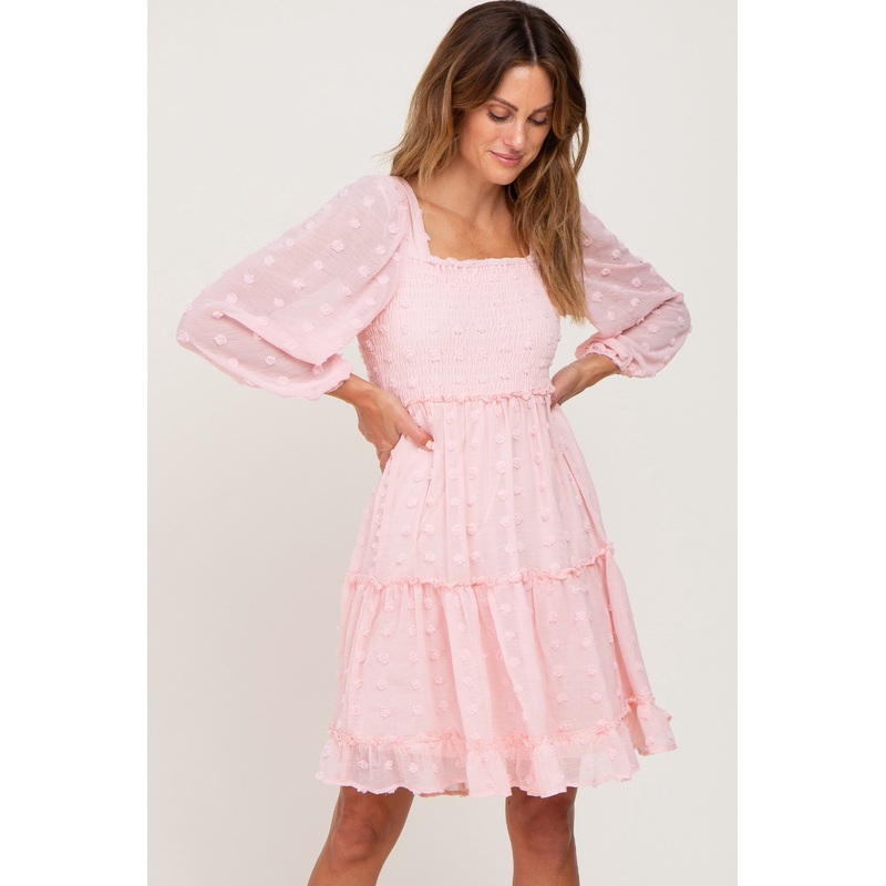 Light Pink Swiss Dot Long Sleeve Dress