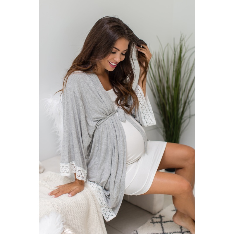 PinkBlush Grey Crochet Trim Maternity Delivery/Nursing Robe