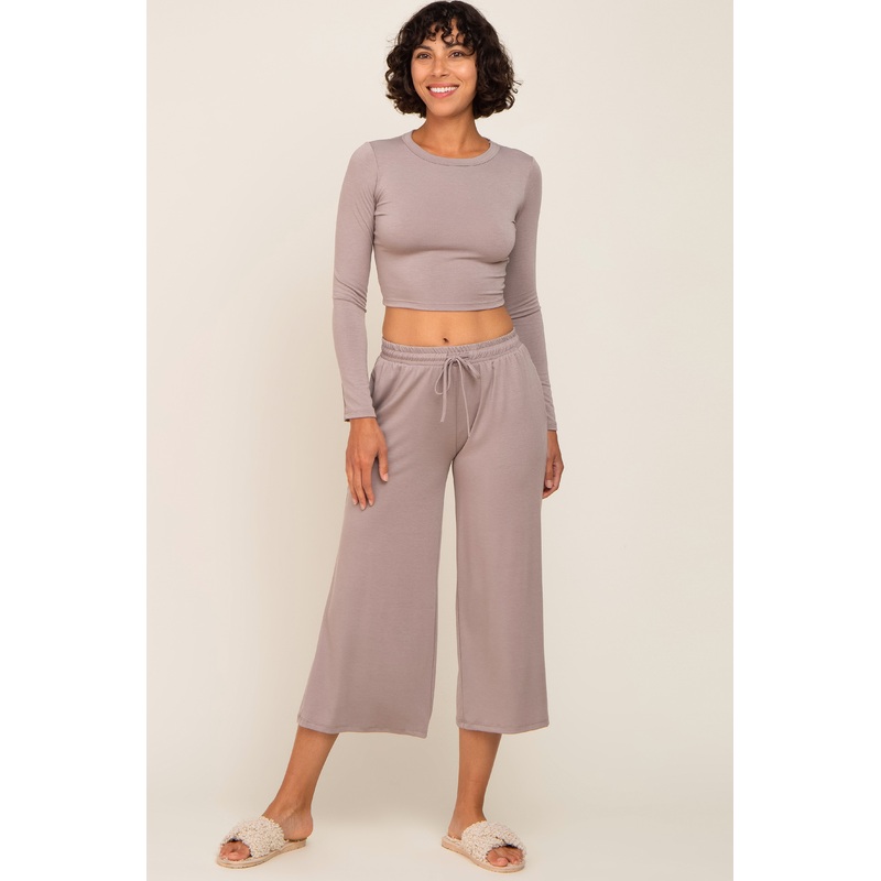 Taupe Cropped Long Sleeve Lounge Set