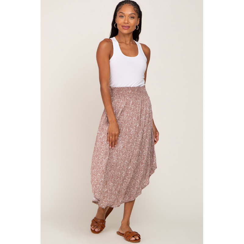 Taupe Floral Smocked Curved Hem Skirt