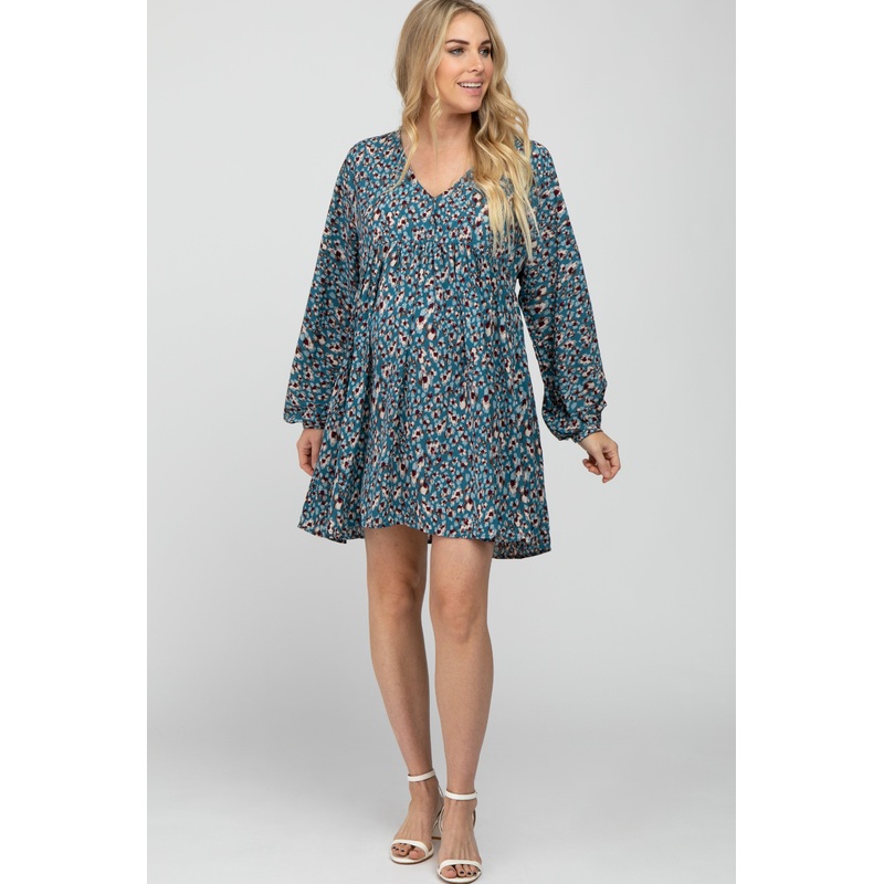 Teal Printed Button Front Long Sleeve Maternity Dress