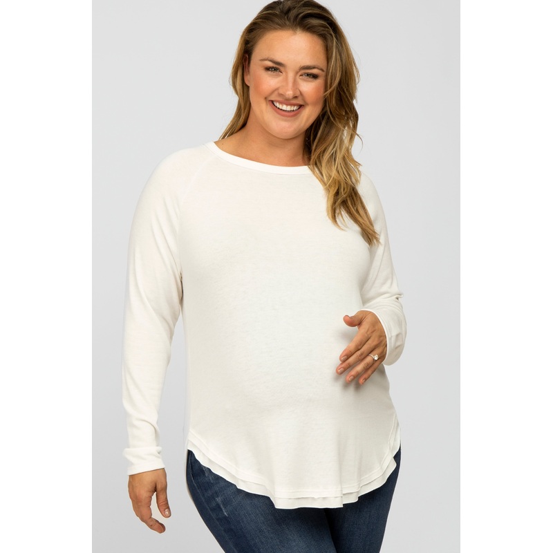 White Soft Knit Layered Round Hem Maternity Plus Top