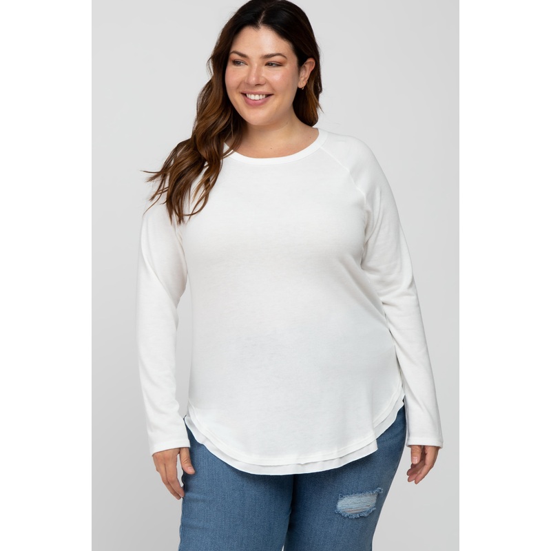 White Soft Knit Layered Round Hem Plus Top