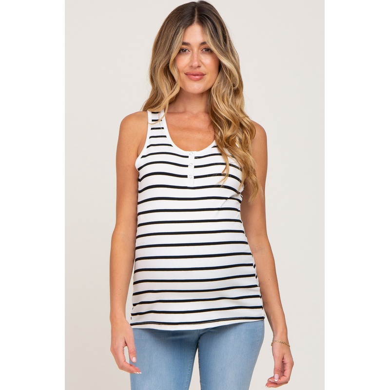 White Striped Button Front Sleeveless Maternity Top