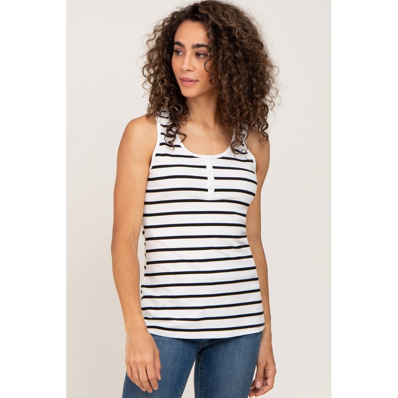 White Striped Button Front Sleeveless Top