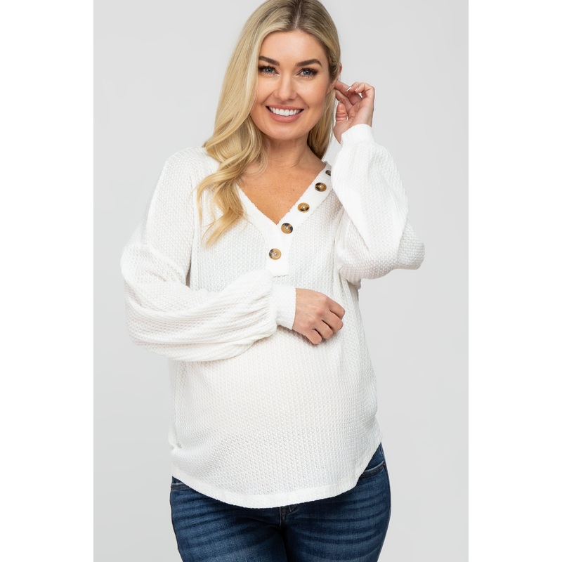White Waffle Knit Button Accent Maternity Top