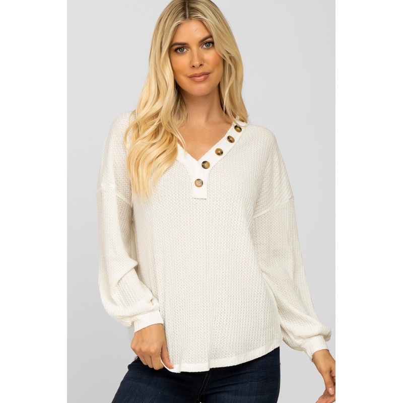 White Waffle Knit Button Accent Top